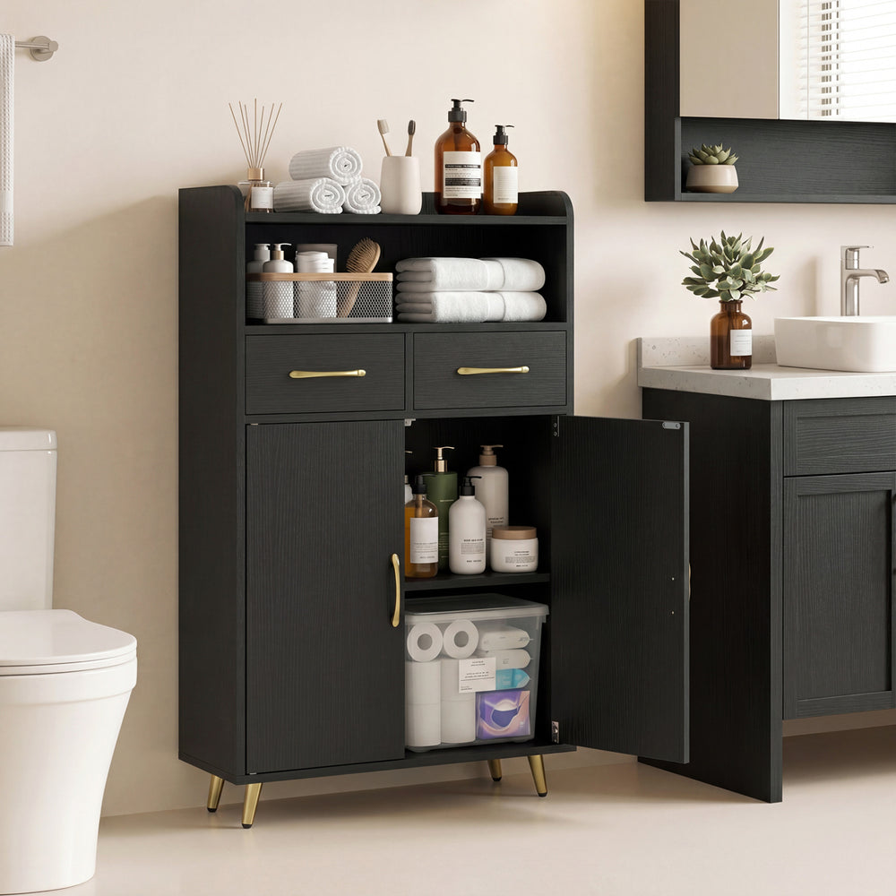 Bathroom Storage Cabinet Freestanding Floor Cabinet with 2 Drawers and 2 Doors-Black - Gallery View 1 of 10