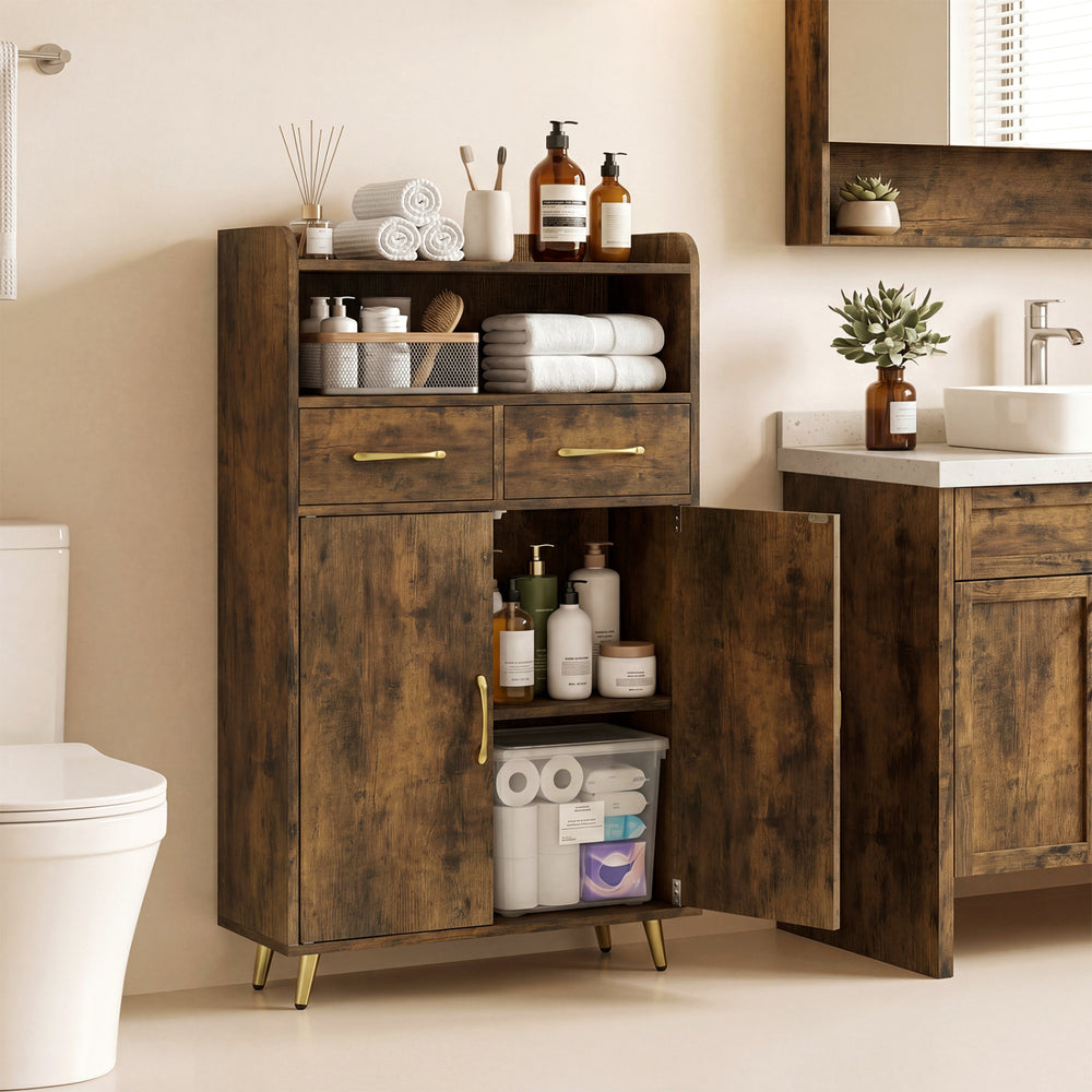 Bathroom Storage Cabinet Freestanding Floor Cabinet with 2 Drawers and 2 Doors-Rustic Brown - Gallery View 1 of 10