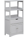 Gray bathroom storage cabinet featuring three open shelves, a pull-out drawer, and two doors for organized storage.