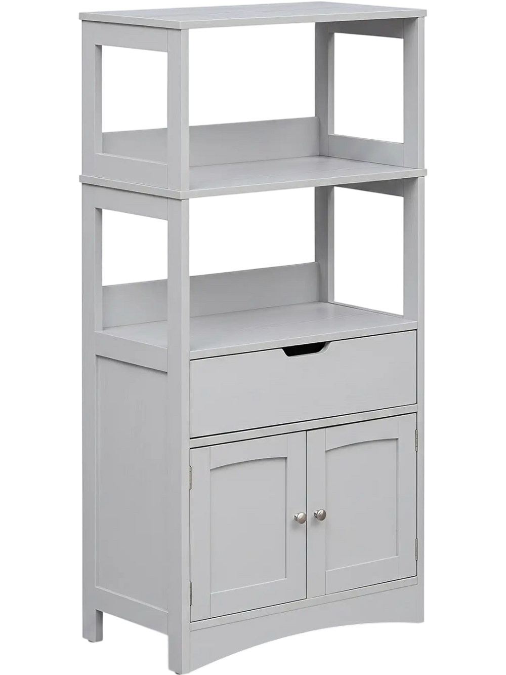 Gray bathroom storage cabinet featuring three open shelves, a pull-out drawer, and two doors for organized storage.