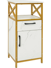 Bathroom storage cabinet with faux marble top, golden metal frame, drawer, and open shelf for versatile organization.