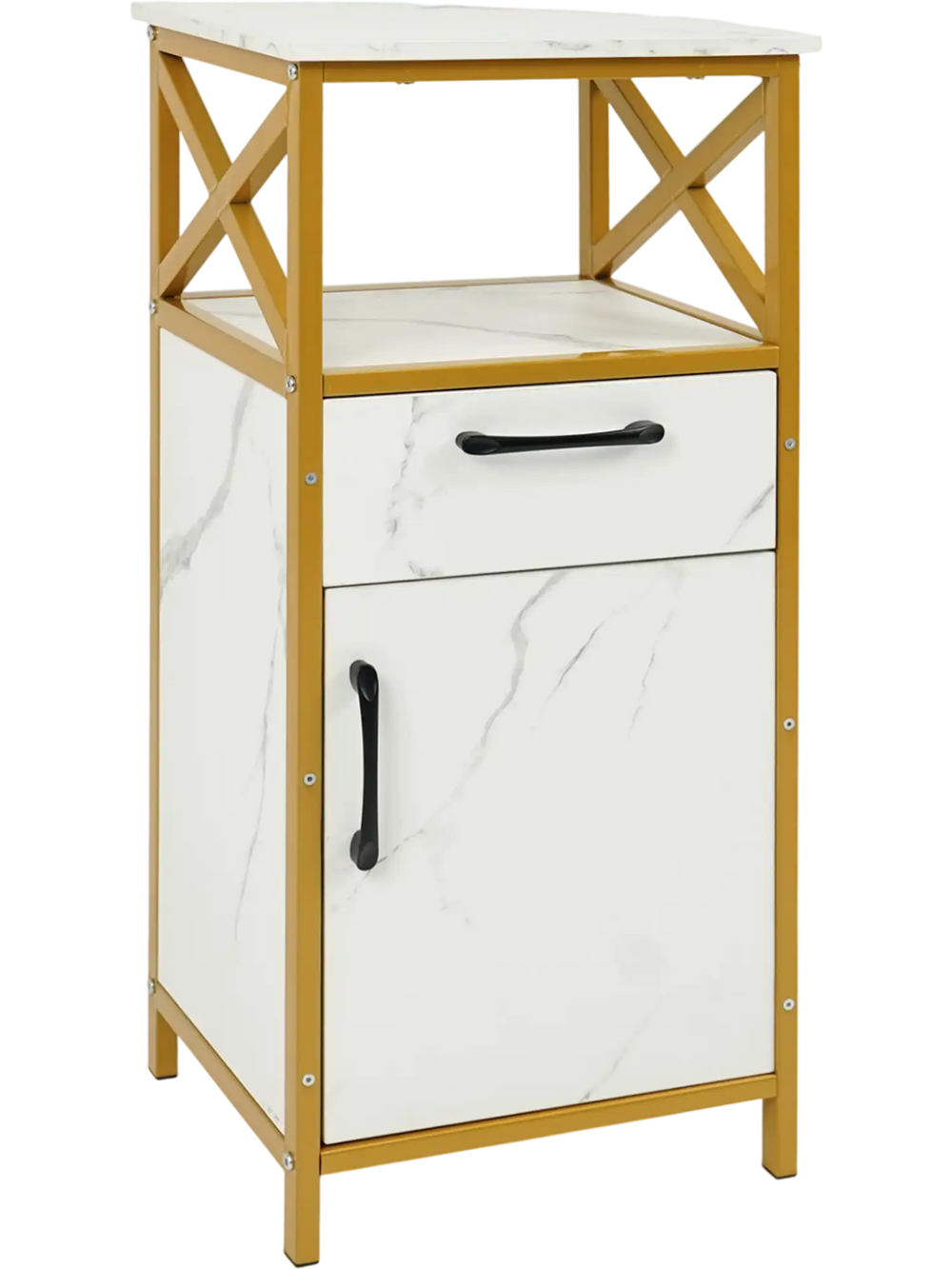 Bathroom storage cabinet with faux marble top, golden metal frame, drawer, and open shelf for versatile organization.