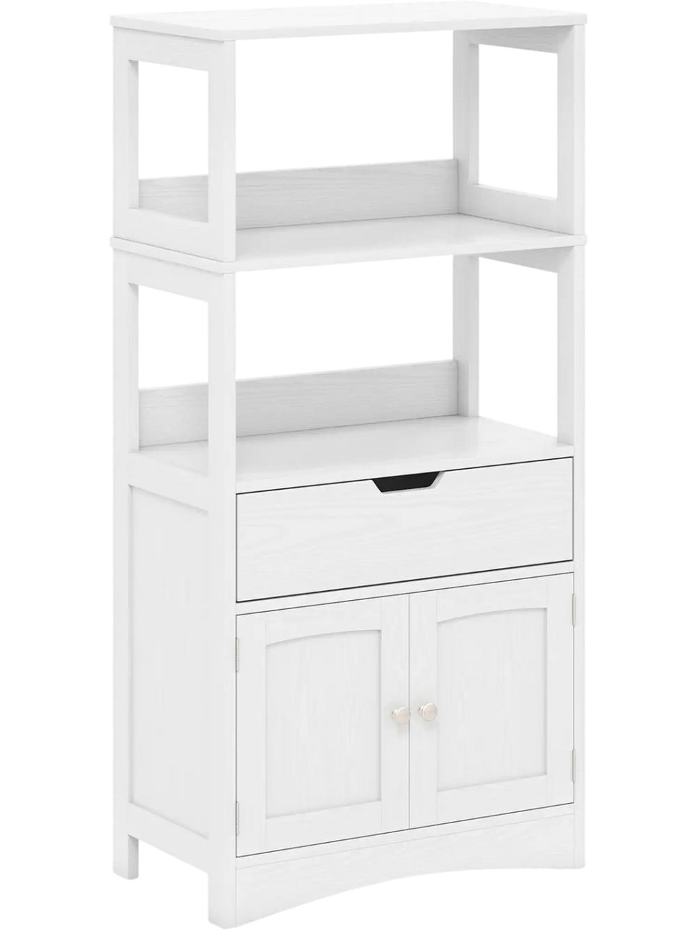 White bathroom storage cabinet featuring a drawer and open shelves for organized storage in any room.