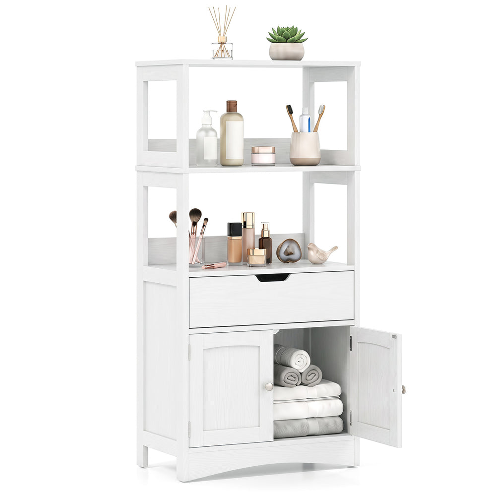 Elegant white bathroom storage cabinet with enclosed cabinet and drawer, providing stylish and functional organization for any space.