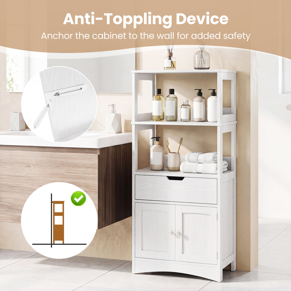 Bathroom storage cabinet with drawer and open shelves, featuring an anti-toppling device for added safety and stability.