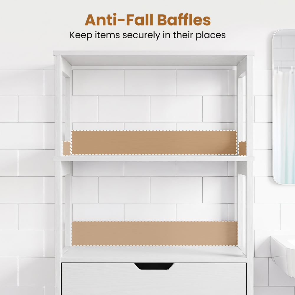 Bathroom storage cabinet featuring anti-fall baffles, sturdy frame, and ample space for organized storage in any room.