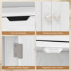 Close-up of the bathroom storage cabinet showcasing cut-out handle, round knobs, flexible metal hinges, and magnetic door catch.