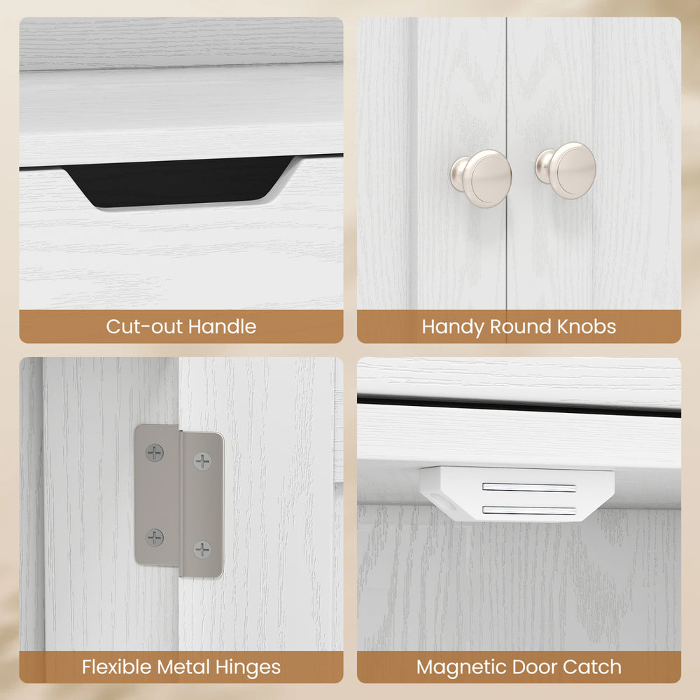 Close-up of the bathroom storage cabinet showcasing cut-out handle, round knobs, flexible metal hinges, and magnetic door catch.