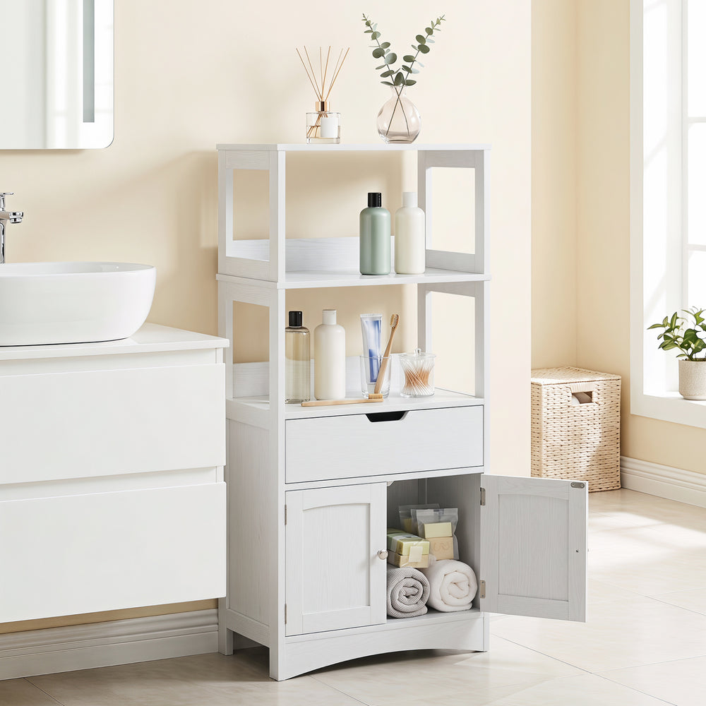 Bathroom storage cabinet with drawer and open shelves, made of durable MDF, ideal for organizing items in any room.