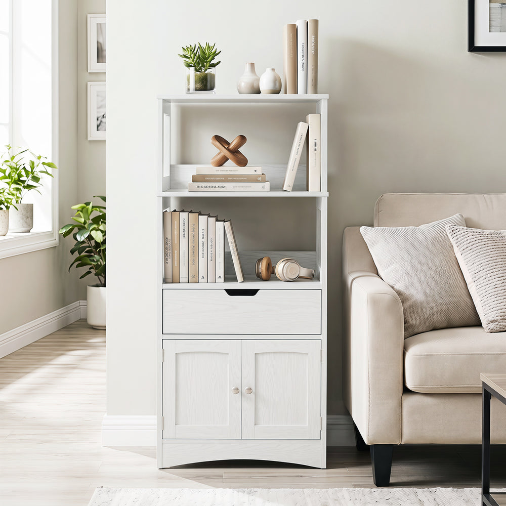 White bathroom storage cabinet featuring a drawer and open shelves, perfect for organizing items in any room.