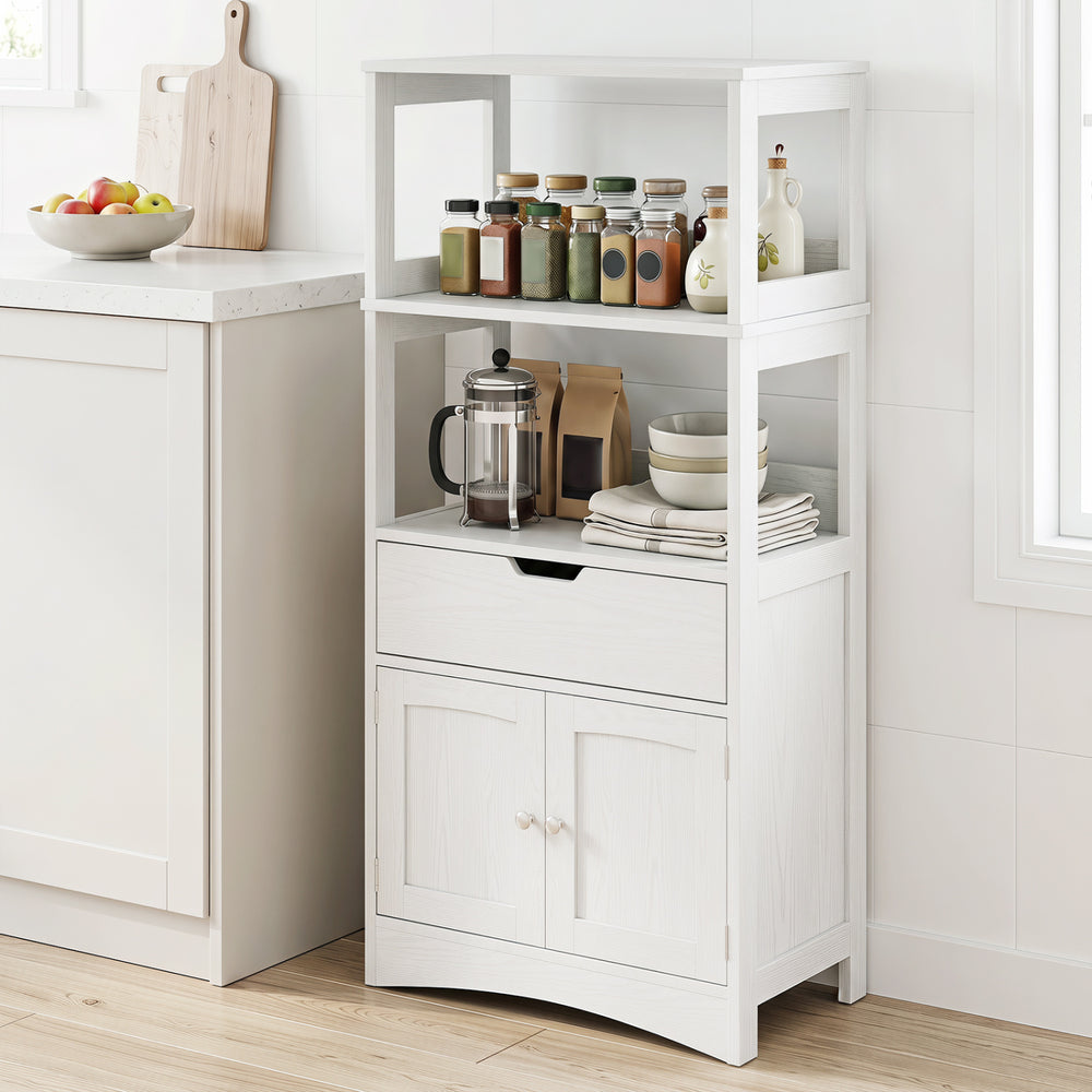 Stylish white bathroom storage cabinet with drawer and open shelves for organized storage in any room.