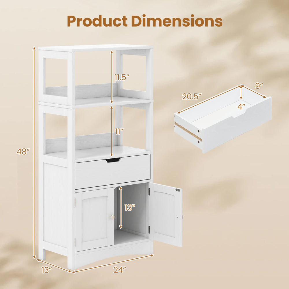 Bathroom storage cabinet featuring a drawer and open shelves, made of durable MDF, ideal for organizing various items.