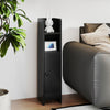 Slim black bathroom cabinet with adjustable shelves and door, ideal for organizing small spaces in modern homes.