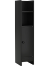 Slim black bathroom cabinet with adjustable shelves and a door, ideal for organizing small spaces in modern homes.