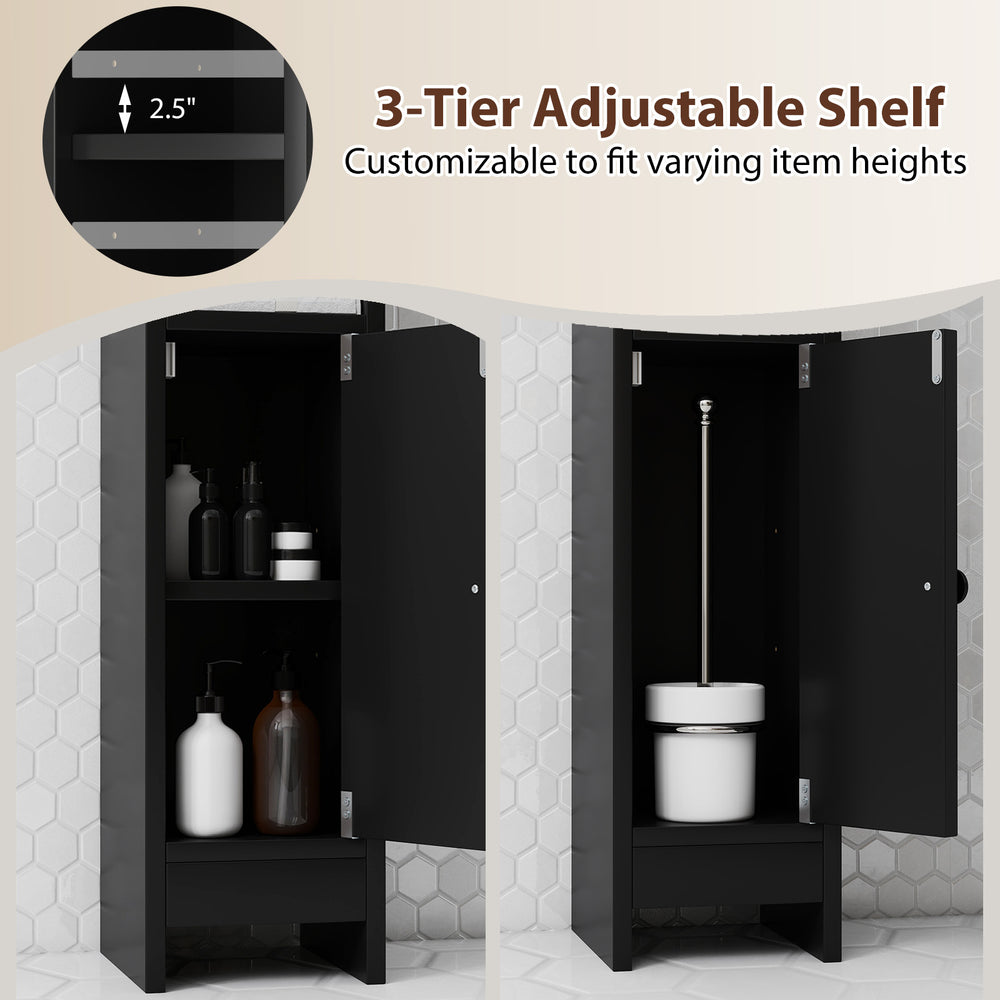 Bathroom slim cabinet corner in black with adjustable 3-tier shelf, perfect for organizing essentials in limited spaces.