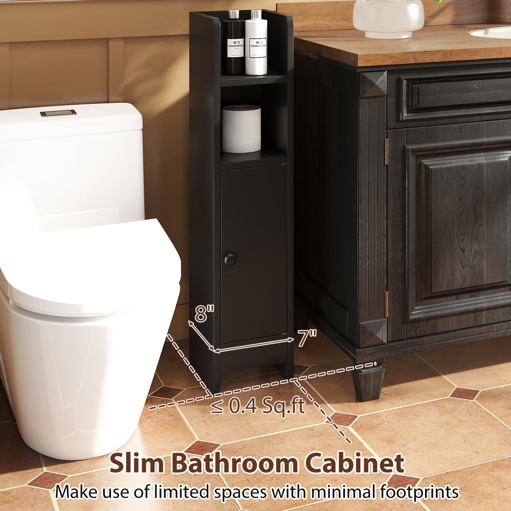 Slim black bathroom cabinet with adjustable shelves, designed for small spaces, ideal for organizing essentials.
