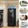 Black bathroom storage cabinet with 4 drawers and cutout handles, ideal for narrow corners and versatile home use.