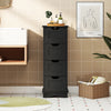 Black bathroom storage cabinet featuring four drawers with cutout handles, ideal for organizing towels and toiletries.