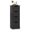 Black bathroom storage cabinet with 4 drawers and cutout handles, perfect for organizing towels and toiletries.