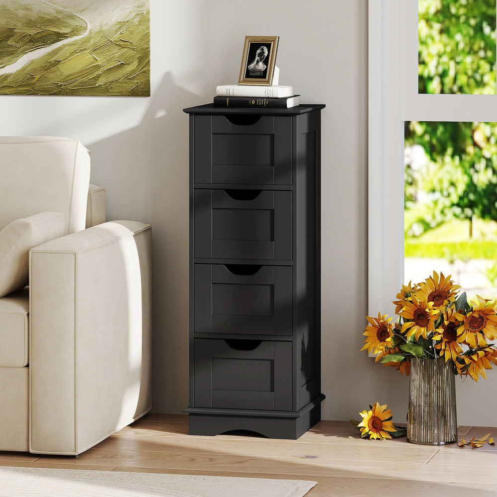 Black bathroom storage cabinet in a corner view, featuring 4 drawers with cutout handles for versatile home.