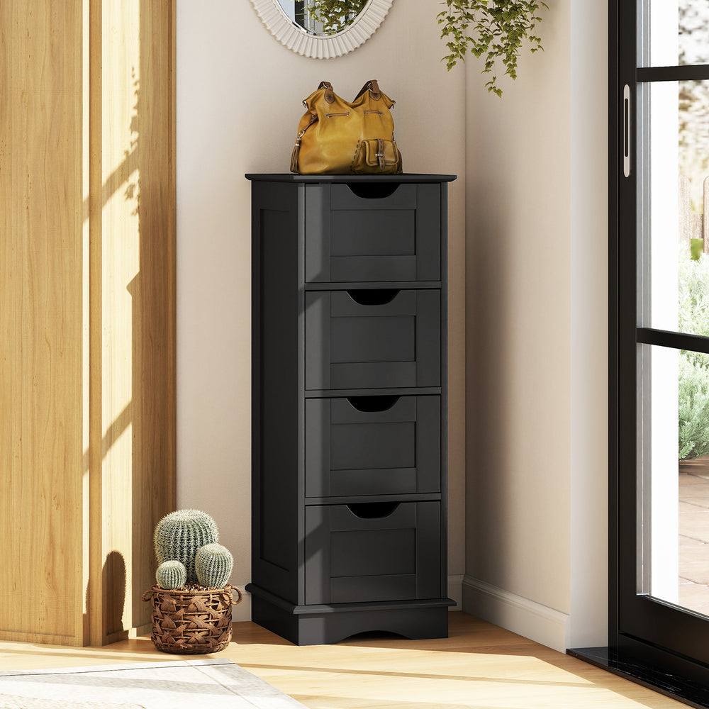 Black bathroom storage cabinet with a simple design, featuring 4 drawers and cutout handles, ideal for compact areas.