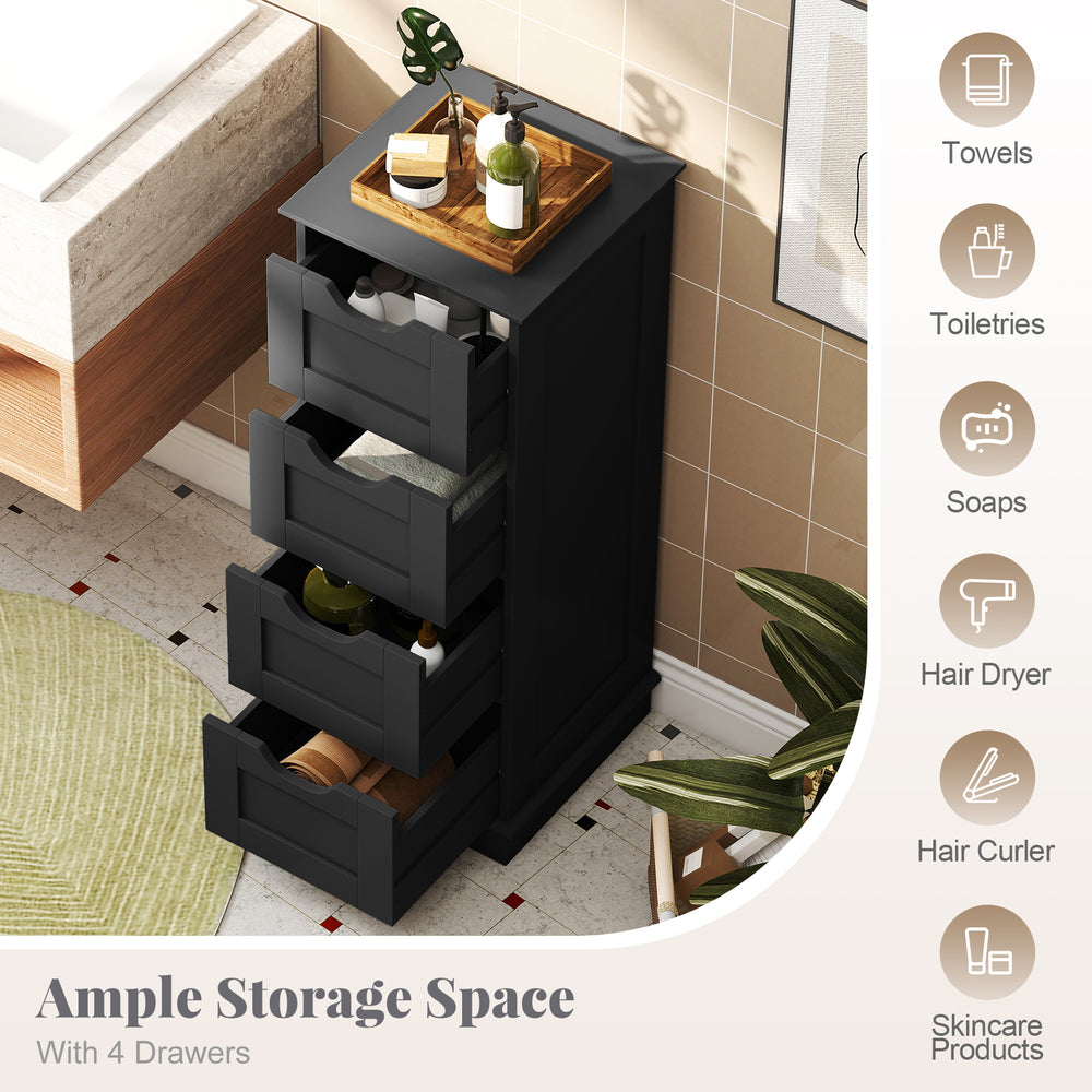 Bathroom storage cabinet in black with cutout handles and 4 drawers, perfect for organizing towels and toiletries.