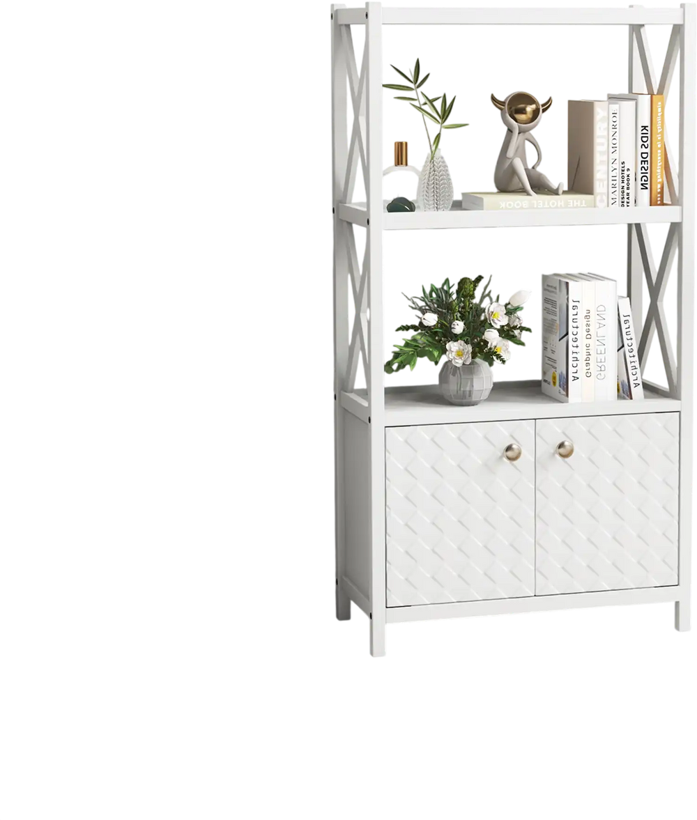 White bathroom storage cabinet with open shelves and double doors, featuring X-shaped bars for stability and style.