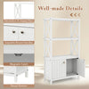 Bathroom storage cabinet in white with open shelves, double doors, and X-shaped bars for stability and style.