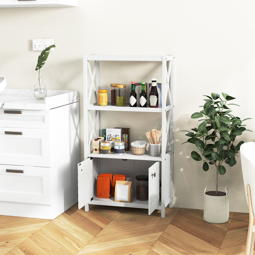 Bathroom storage cabinet in white with open shelves and double doors, perfect for organizing and enhancing home decor.