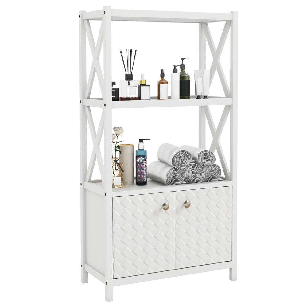 Bathroom storage cabinet with open shelves and double doors in white, featuring a solid rubber wood frame for versatile.