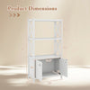 Bathroom storage cabinet dimensions showcasing open shelves and double doors, featuring a white solid rubber wood frame.