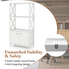 Bathroom storage cabinet in white with open shelves, double doors, and solid rubber wood frame for versatile storage.