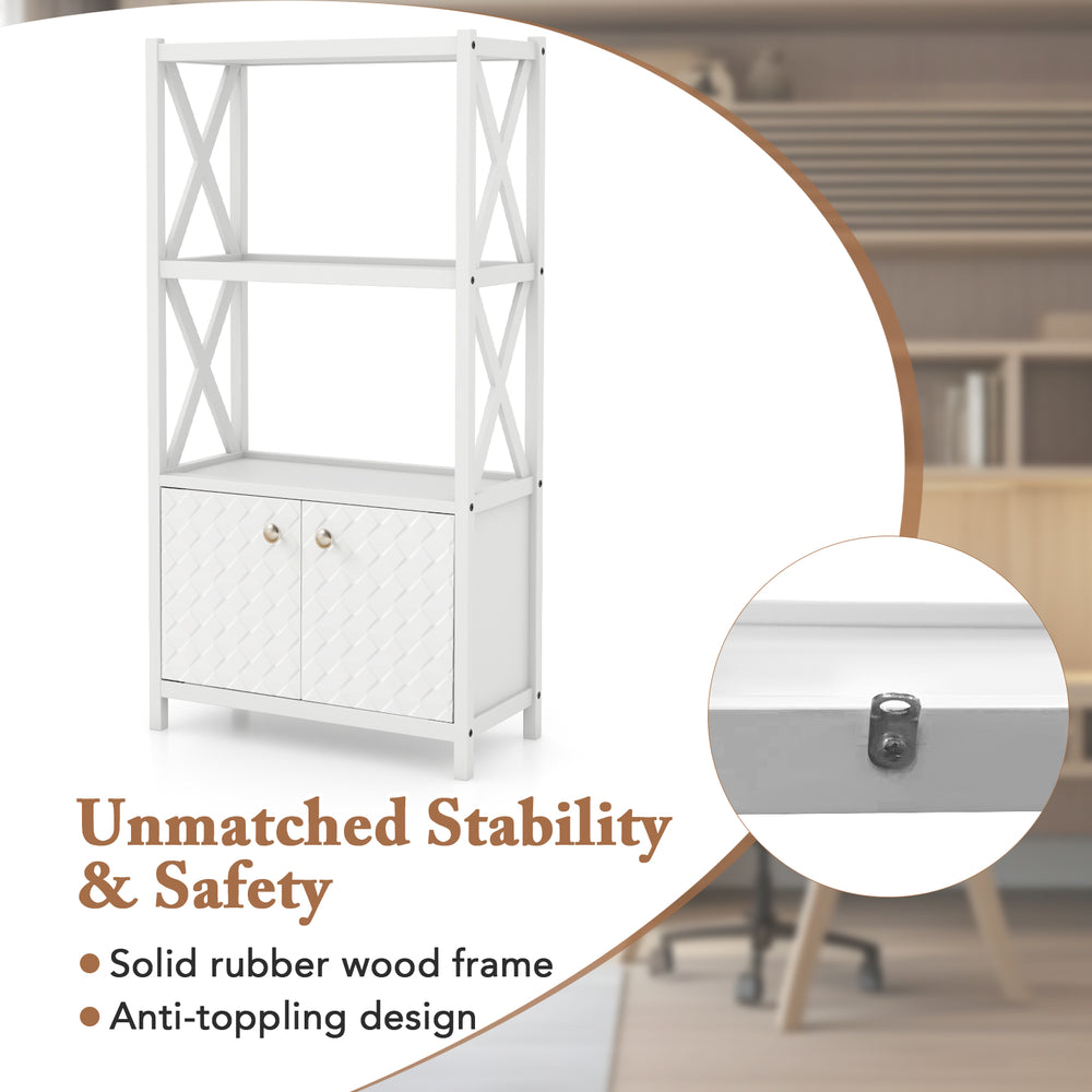Bathroom storage cabinet in white with open shelves, double doors, and solid rubber wood frame for versatile storage.