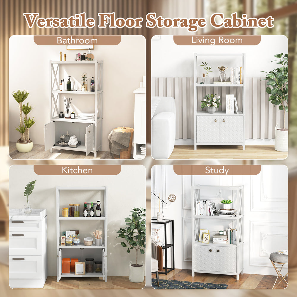 Bathroom storage cabinet with open shelves and double doors in white, ideal for versatile home organization.