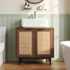 Freestanding bathroom vanity cabinet with U-shaped cut-out, featuring two rattan doors and metal legs for stylish.