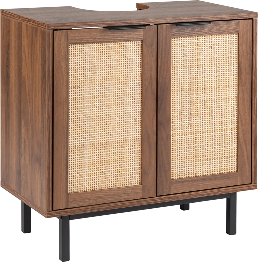 Freestanding bathroom storage cabinet with U-shaped cut-out, rattan doors, and sturdy metal legs in brown and natural.