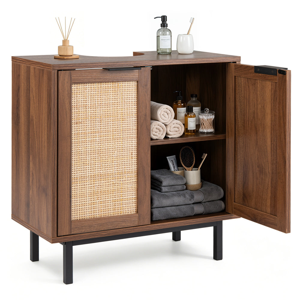 Freestanding bathroom storage cabinet with rattan doors, U-shaped cut-out, and metal legs for organized essentials.