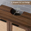U-shaped cut-out design on the under sink storage cabinet for wall drainage sinks, featuring brown rattan doors and.