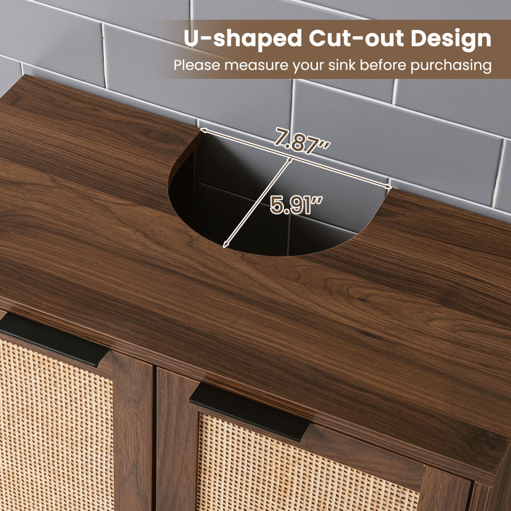 U-shaped cut-out design on the under sink storage cabinet for wall drainage sinks, featuring brown rattan doors and.
