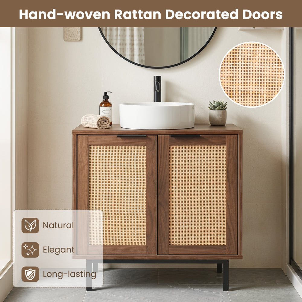 Under sink storage cabinet with elegant rattan doors, brown finish, and U-shaped cut-out for wall drainage sinks.