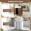 Freestanding bathroom vanity cabinet with U-shaped cut-out, rattan doors, and metal legs for wall-mounted sink drainage.
