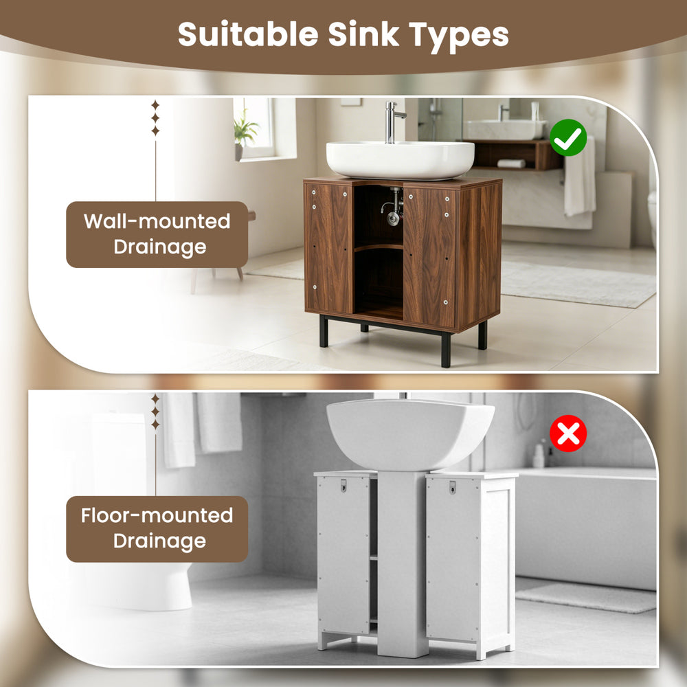 Freestanding bathroom vanity cabinet with U-shaped cut-out, rattan doors, and metal legs for wall-mounted sink drainage.