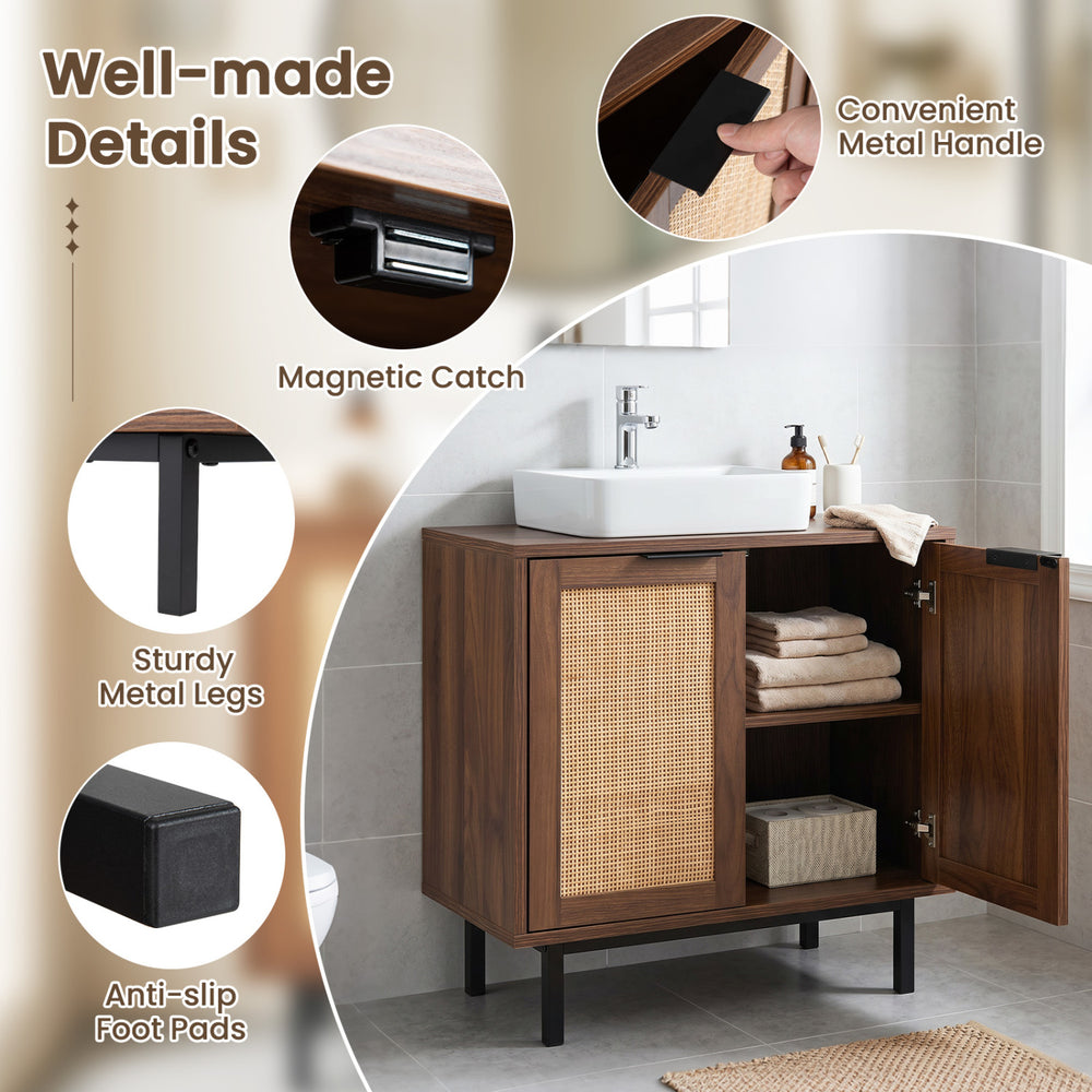 Under sink storage cabinet with rattan doors, metal legs, and U-shaped cut-out for bathroom space-saving organization.