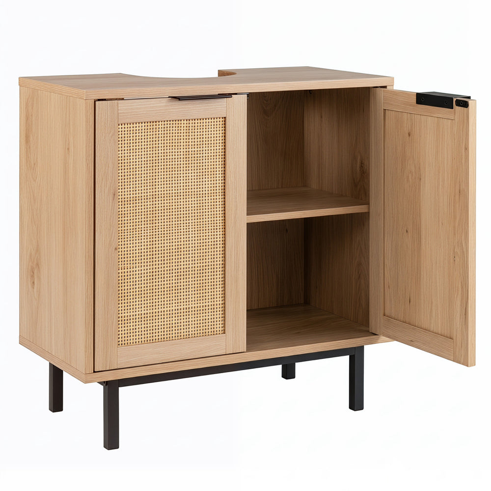 Bathroom Vanity Cabinet with U-Shaped Cut-Out 2 Rattan Doors and Shelf-Natural - Gallery View 1 of 2