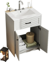 Bathroom vanity unit in gray with a ceramic basin, featuring two doors for ample storage and elegant design details.