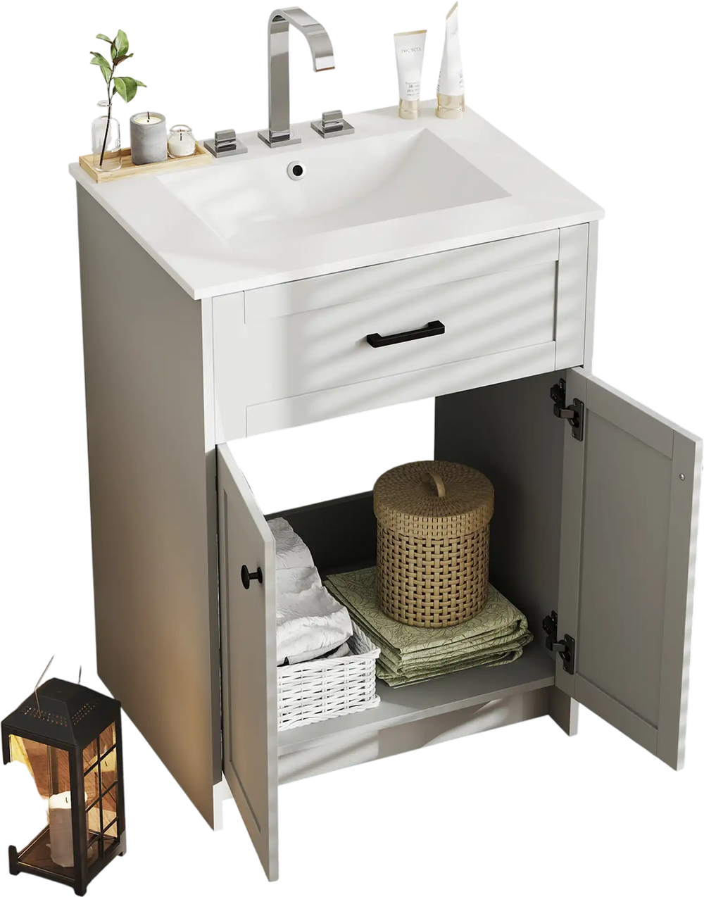 Bathroom vanity unit in gray with a ceramic basin, featuring two doors for ample storage and elegant design details.