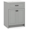 Gray bathroom vanity unit with basin, featuring two doors, large storage, and sleek handles for elegant decor.