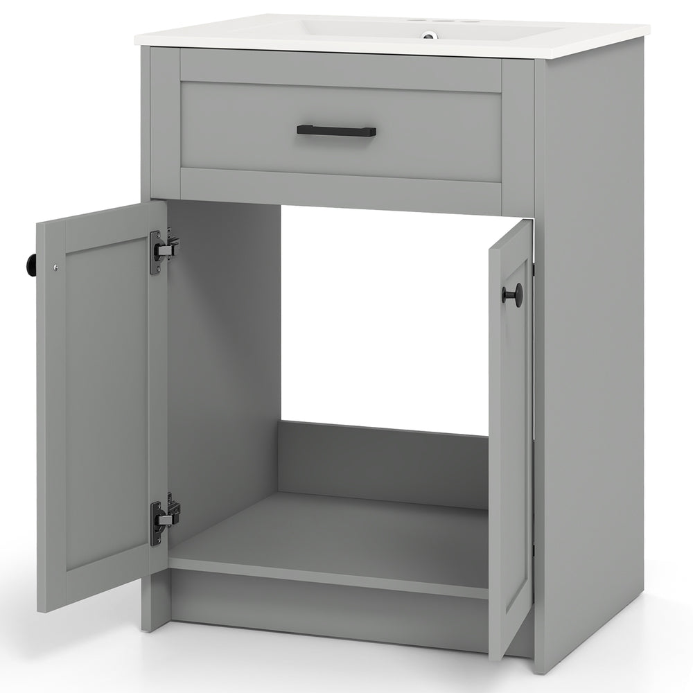 Gray bathroom vanity unit with basin, featuring two doors, soft close hinges, and ample storage space.