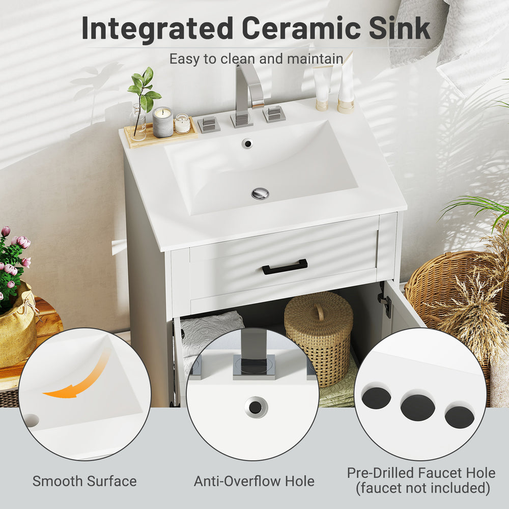 Bathroom vanity unit in gray featuring an integrated ceramic sink, soft close hinges, and pre-drilled faucet hole for.