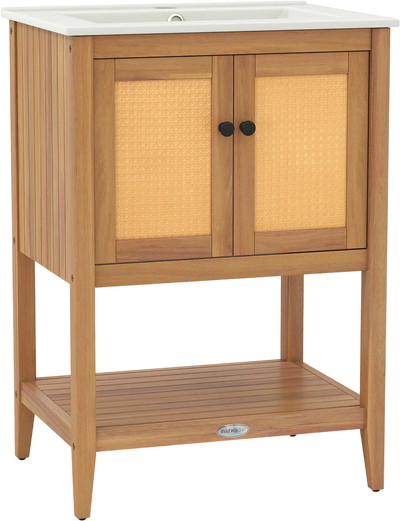 Costway Bathroom Vanity Ceramic Sink Rattan Doors Slatted Shelf 80375463 New